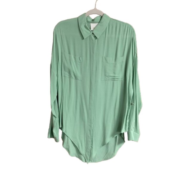 Maeve Anthropologie Sage Green Sandbridge Button Down Medium Tie Front Shirt EUC - Picture 2 of 12